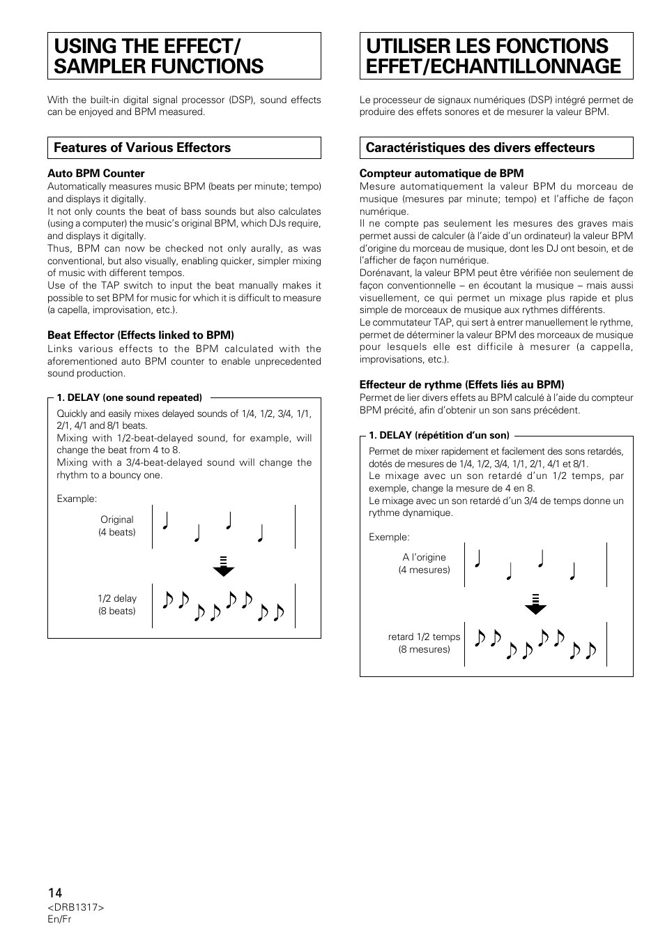 Using the effect/sampler functions, Features of various effectors, Utiliser les fonctions effet/echantillonnage | Caractéristiques des divers effecteurs, Using the effect/ sampler functions | Pioneer DJM-600 User Manual | Page 14 / 112
