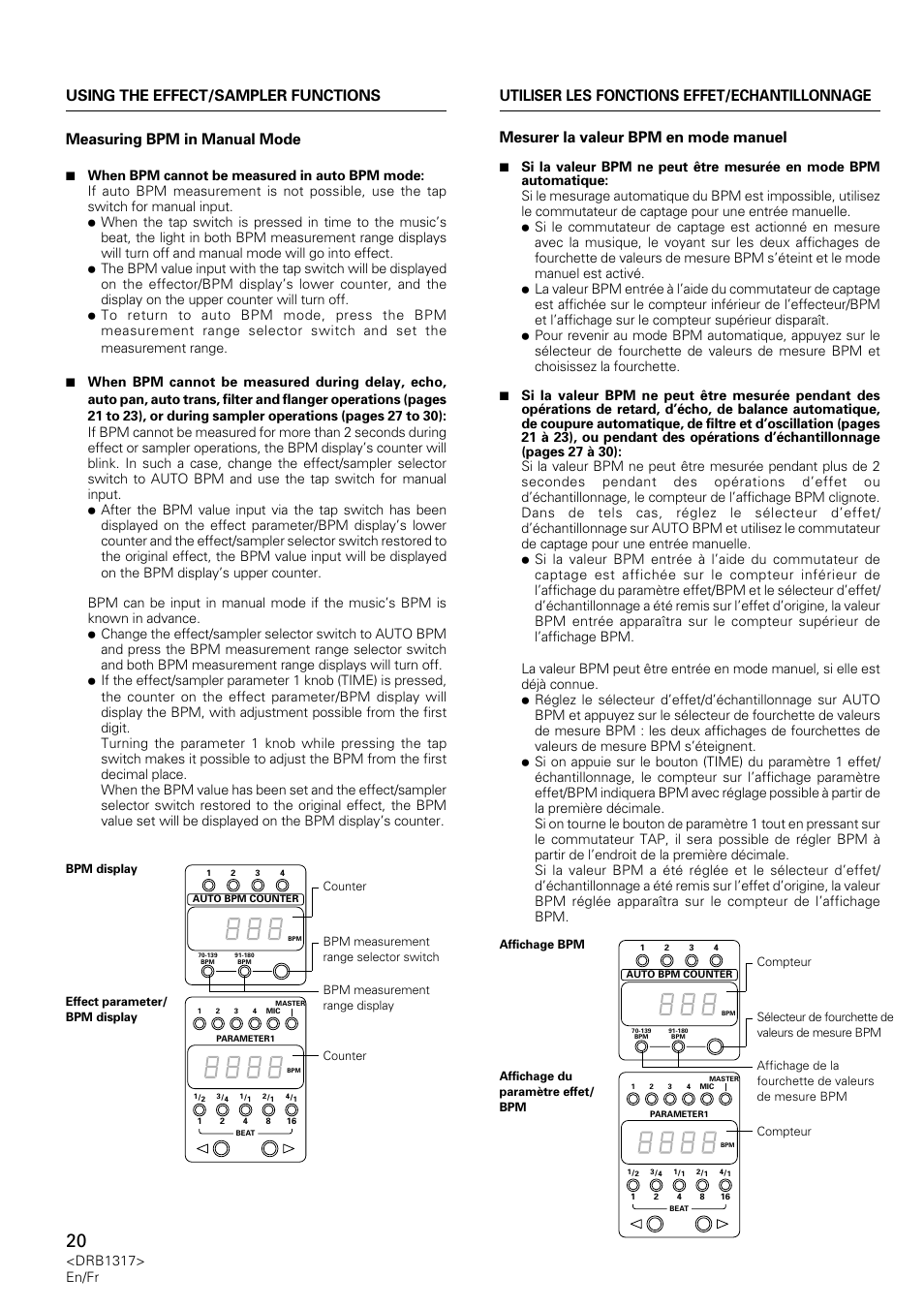 Measuring bpm in manual mode, Drb1317> en/fr | Pioneer DJM-600 User Manual | Page 20 / 112