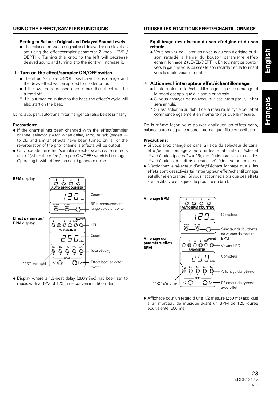 English fran ç ais, 4 turn on the effect/sampler on/off switch, 4 actionnez l’interrupteur effet/échantillonnage | Pioneer DJM-600 User Manual | Page 23 / 112