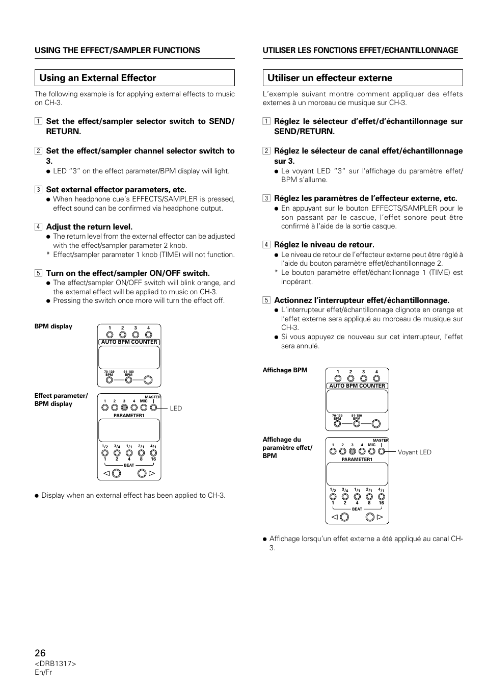 Using an external effector, Utiliser un effecteur externe, 3 set external effector parameters, etc | 4 adjust the return level, 5 turn on the effect/sampler on/off switch, 4 réglez le niveau de retour, 5 actionnez l’interrupteur effet/échantillonnage | Pioneer DJM-600 User Manual | Page 26 / 112