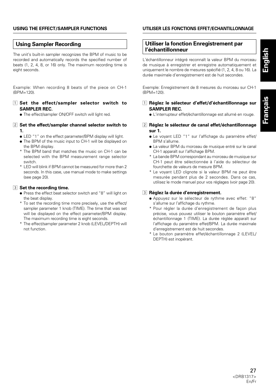 Using sampler recording, Utiliser la fonction enregistrement, Par l’échantillonneur | English fran ç ais | Pioneer DJM-600 User Manual | Page 27 / 112