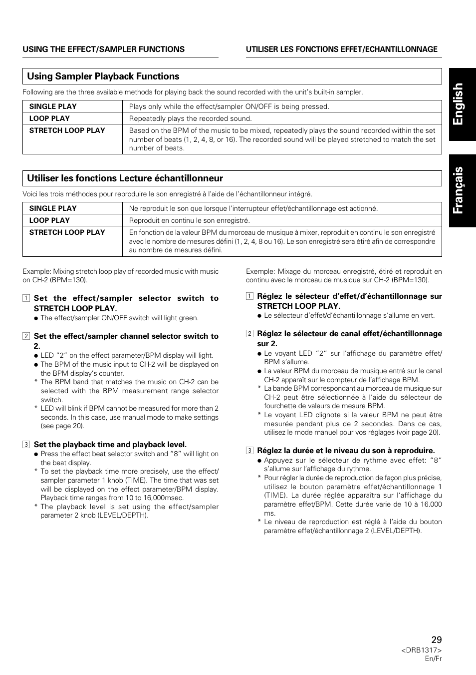 Using sampler playback functions, Utiliser les fonctions lecture échantillonneur, English fran ç ais | Pioneer DJM-600 User Manual | Page 29 / 112