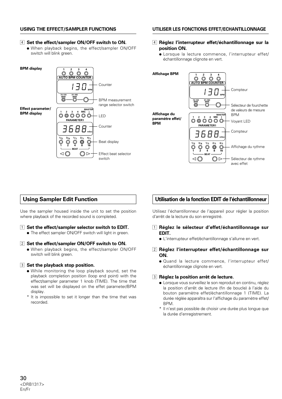 Using sampler edit function, 1 set the effect/sampler selector switch to edit, 2 set the effect/sampler on/off switch to on | 3 set the playback stop position, 3 réglez la position arrêt de lecture, 4 set the effect/sampler on/off switch to on | Pioneer DJM-600 User Manual | Page 30 / 112
