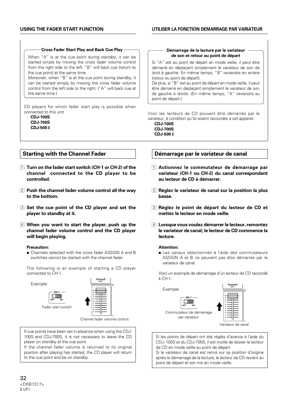 Starting with the channel fader, Démarrage par le variateur de canal | Pioneer DJM-600 User Manual | Page 32 / 112