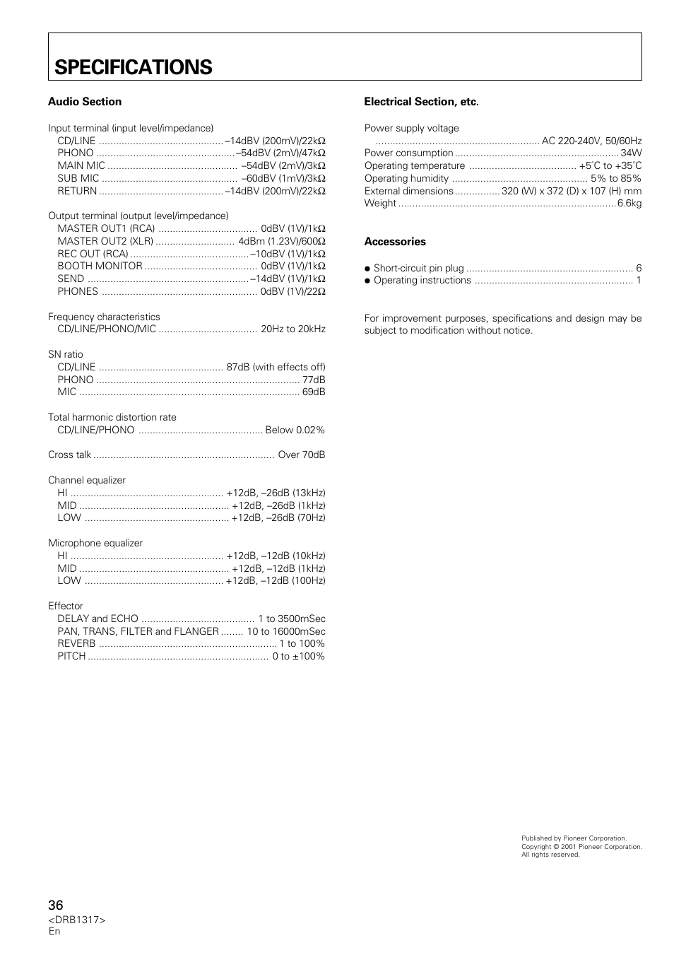 Specifications | Pioneer DJM-600 User Manual | Page 36 / 112