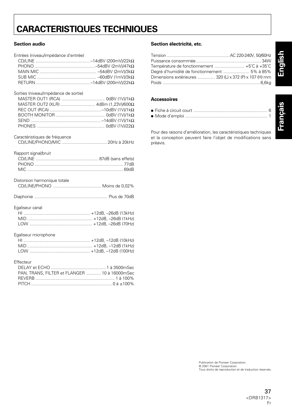 Caracteristiques techniques, English fran ç ais | Pioneer DJM-600 User Manual | Page 37 / 112