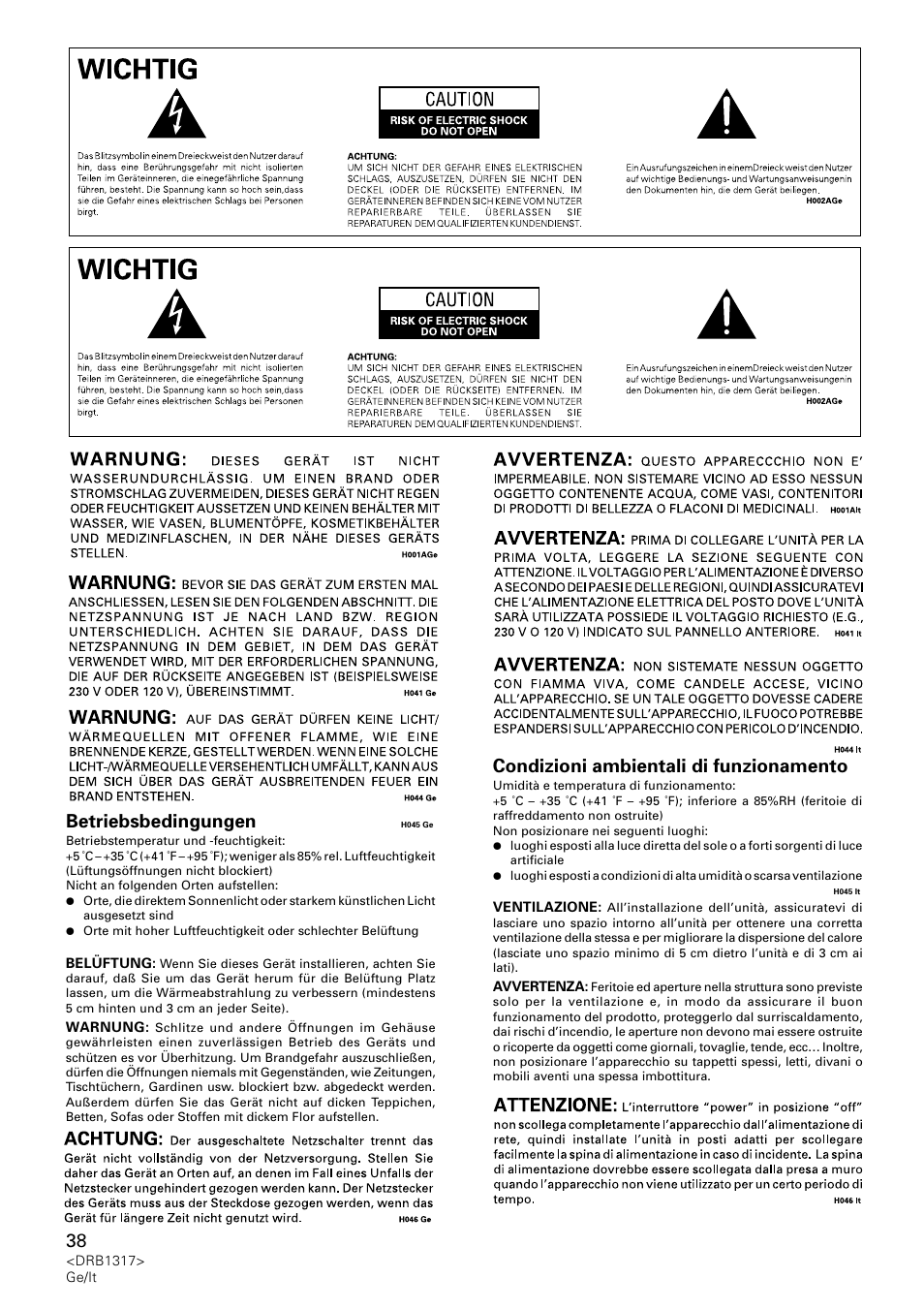 Betriebsbedingungen, Condizioni ambientali di funzionamento | Pioneer DJM-600 User Manual | Page 38 / 112