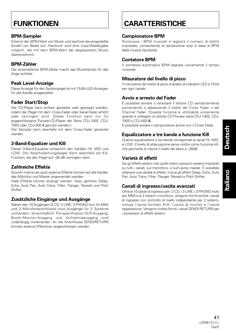 Funktionen, Caratteristiche, Deutsch italiano | Pioneer DJM-600 User Manual | Page 41 / 112