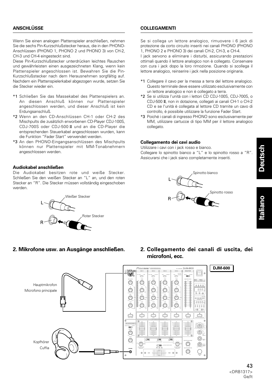 Deutsch italiano, Mikrofone usw. an ausgänge anschließen, Anschlüsse | Audiokabel anschließen, Collegamento dei cavi audio, Collegamenti, Drb1317> ge/it, Parameter 1, Parameter 2, Beat sampler | Pioneer DJM-600 User Manual | Page 43 / 112