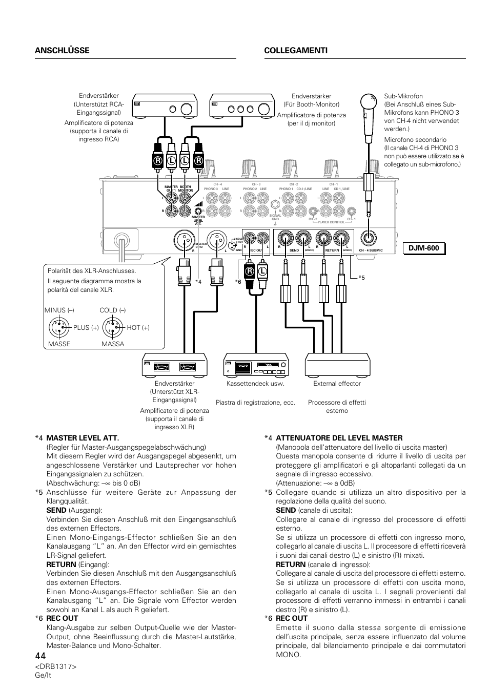 Anschlüsse collegamenti, Drb1317> ge/it | Pioneer DJM-600 User Manual | Page 44 / 112