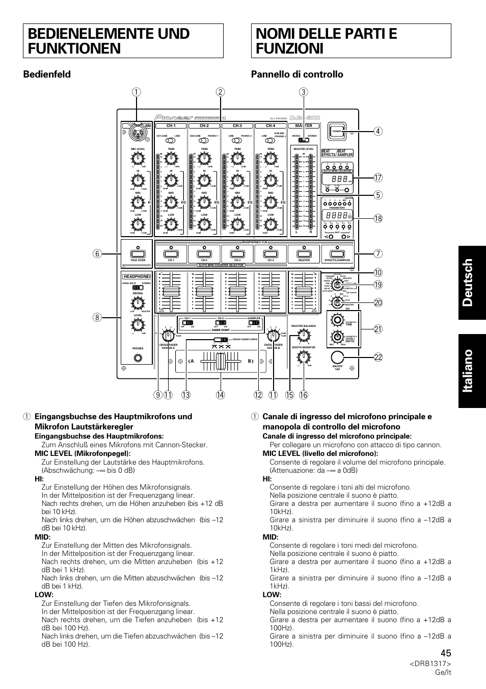 Bedienelemente und funktionen, Nomi delle parti e funzioni, Deutsch italiano | Bedienfeld, Pannello di controllo, Drb1317> ge/it, Djm-600 | Pioneer DJM-600 User Manual | Page 45 / 112
