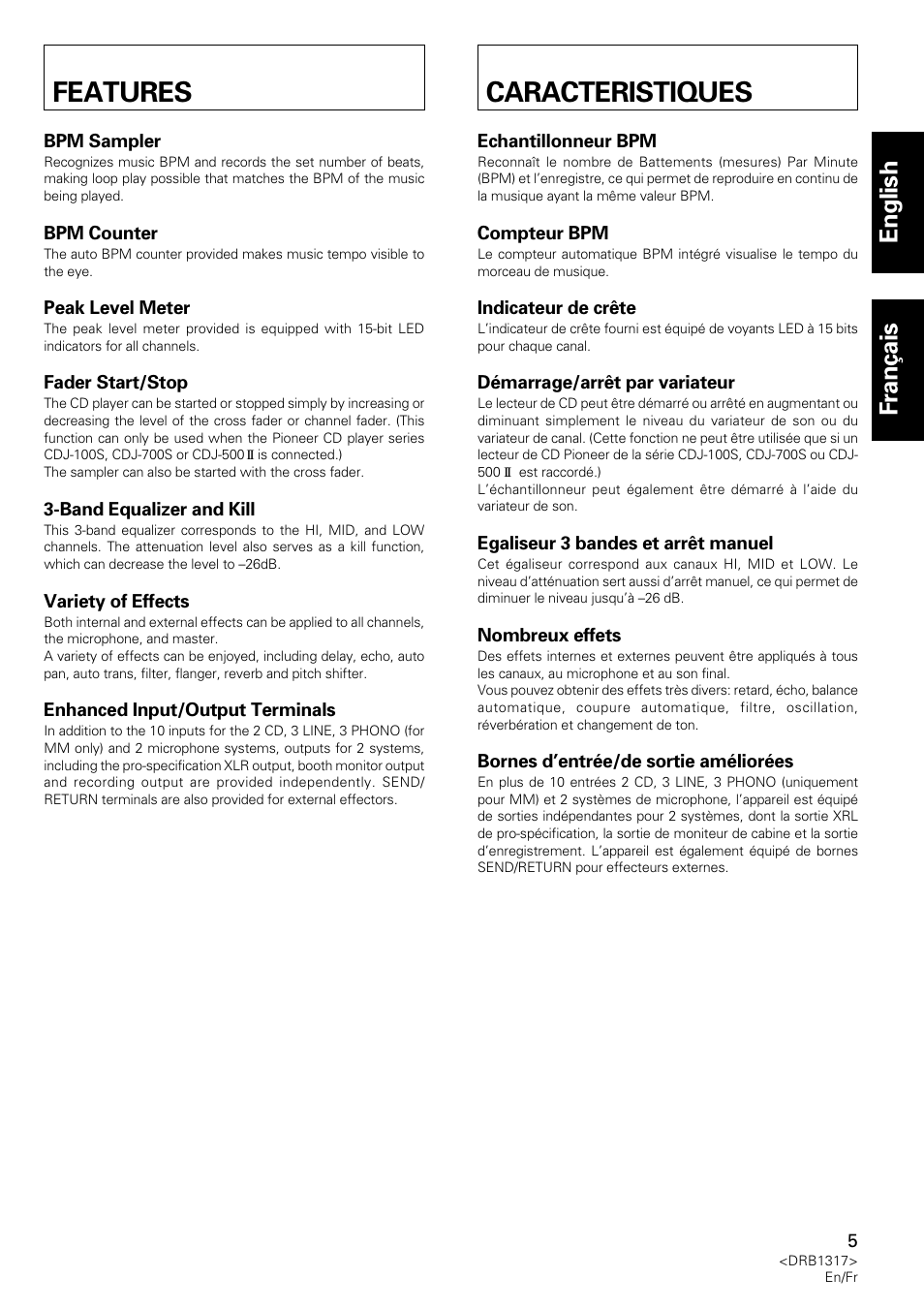 Features, Caracteristiques, English français | Pioneer DJM-600 User Manual | Page 5 / 112