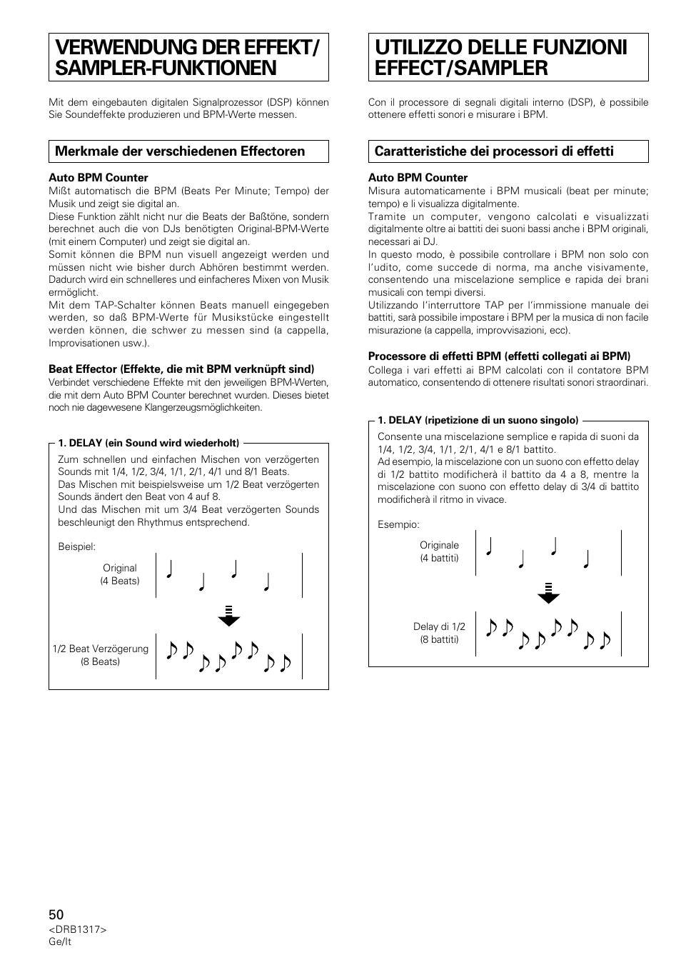 Verwendung der effekt/ sampler-funktionen, Merkmale der verschiedenen effectoren, Utilizzo delle funzioni effect/sampler | Caratteristiche dei processori di effetti | Pioneer DJM-600 User Manual | Page 50 / 112