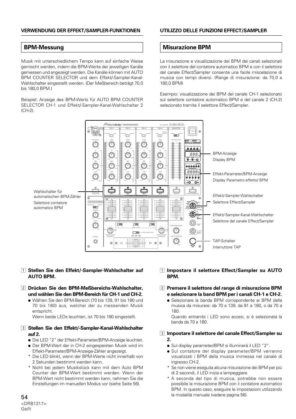 Bpm-messung, Misurazione bpm, Drb1317> ge/it | Djm-600 | Pioneer DJM-600 User Manual | Page 54 / 112