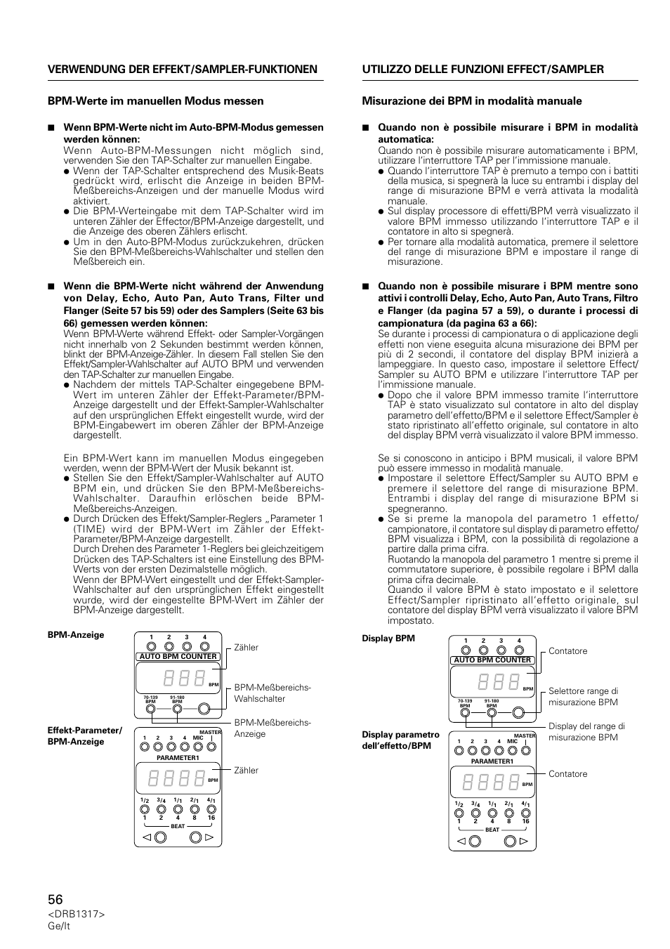 Bpm-werte im manuellen modus messen, Misurazione dei bpm in modalità manuale, Drb1317> ge/it | Pioneer DJM-600 User Manual | Page 56 / 112