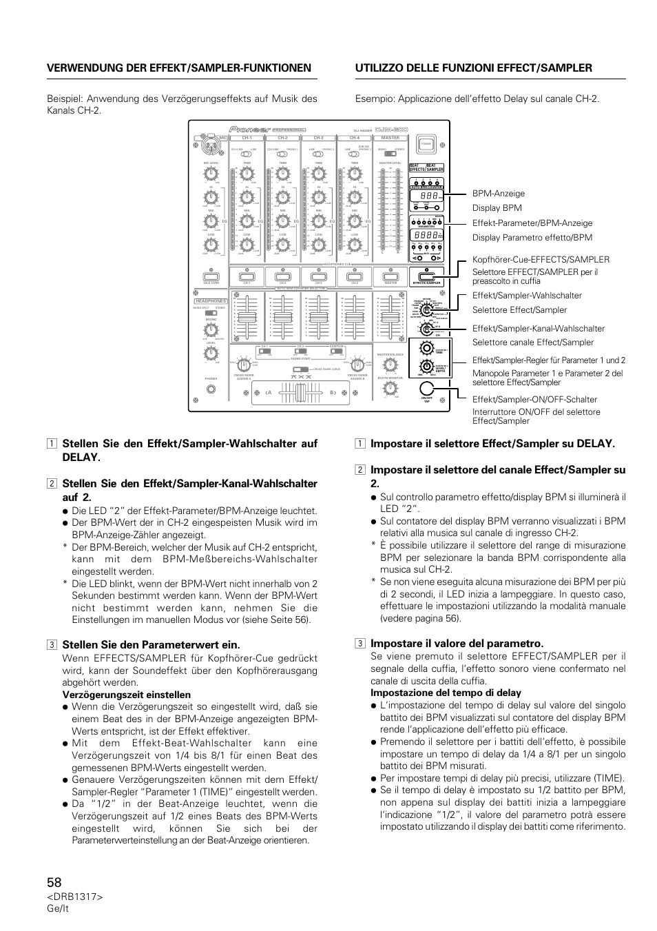 3 stellen sie den parameterwert ein, 3 impostare il valore del parametro, Drb1317> ge/it | Djm-600 | Pioneer DJM-600 User Manual | Page 58 / 112