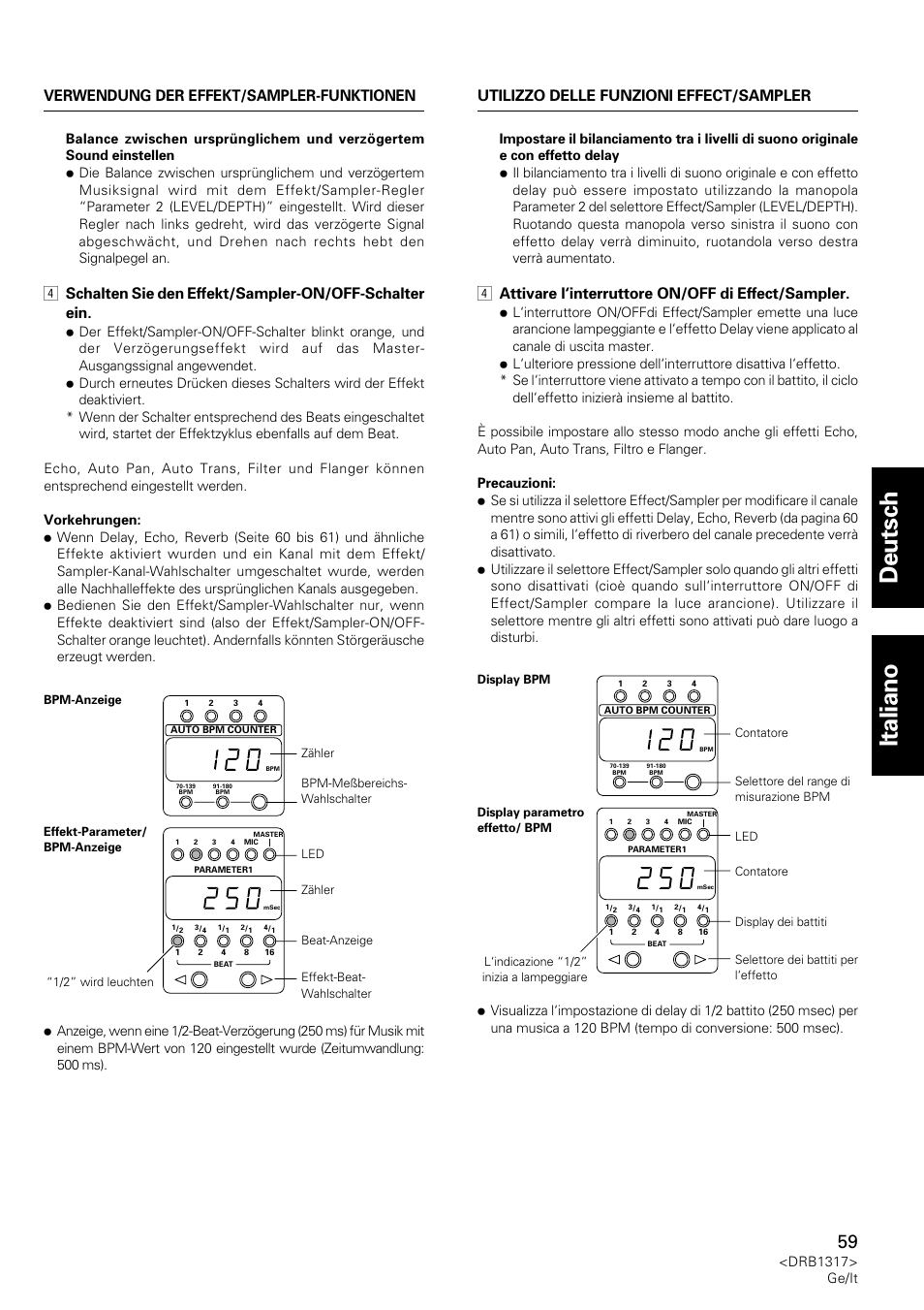 Deutsch italiano, 4 attivare l‘interruttore on/off di effect/sampler | Pioneer DJM-600 User Manual | Page 59 / 112