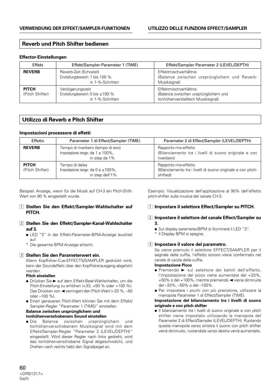 Reverb und pitch shifter bedienen, Utilizzo di reverb e pitch shifter | Pioneer DJM-600 User Manual | Page 60 / 112