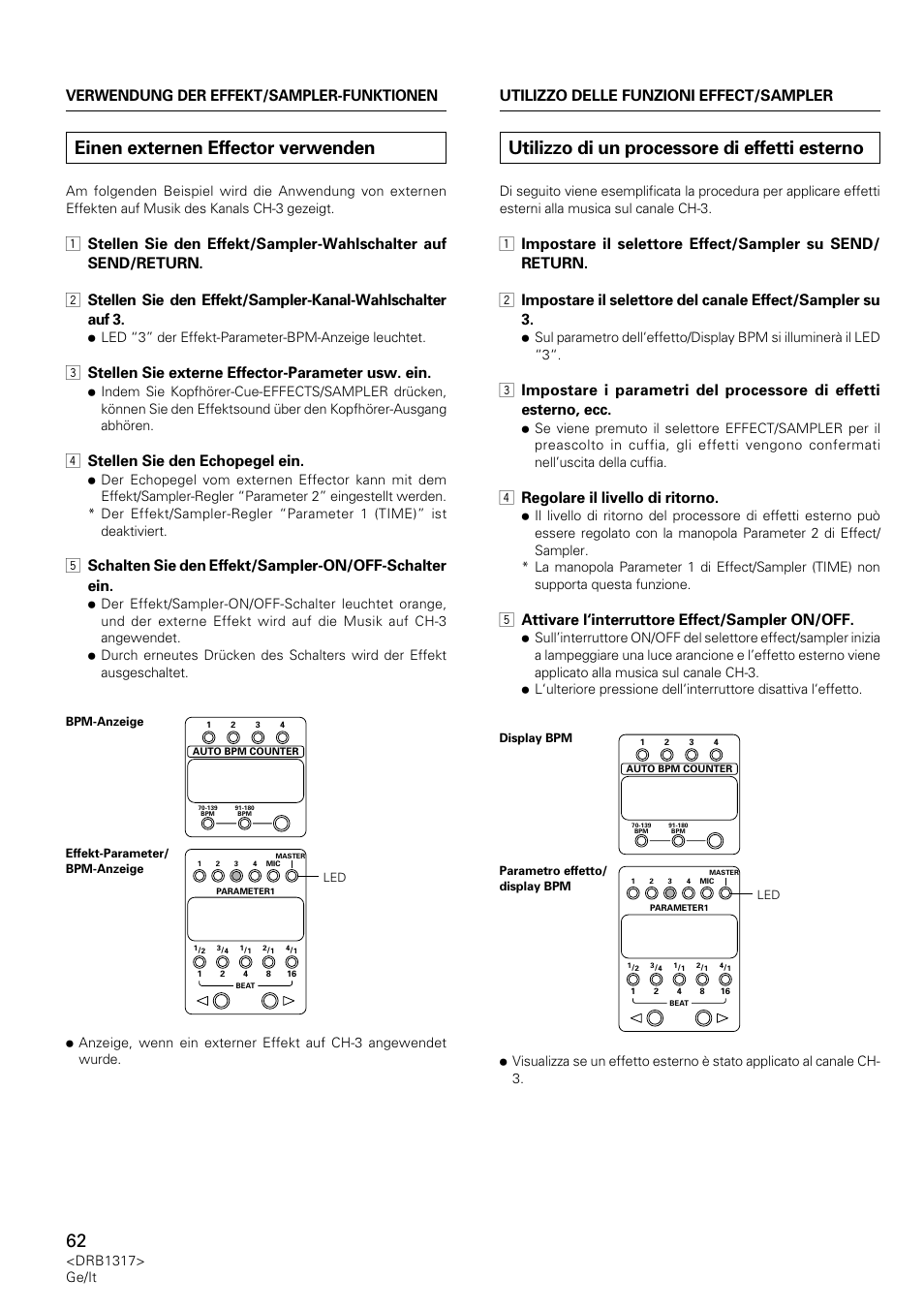 Einen externen effector verwenden, Utilizzo di un processore di effetti esterno, 3 stellen sie externe effector-parameter usw. ein | 4 stellen sie den echopegel ein, 4 regolare il livello di ritorno, 5 attivare l‘interruttore effect/sampler on/off | Pioneer DJM-600 User Manual | Page 62 / 112