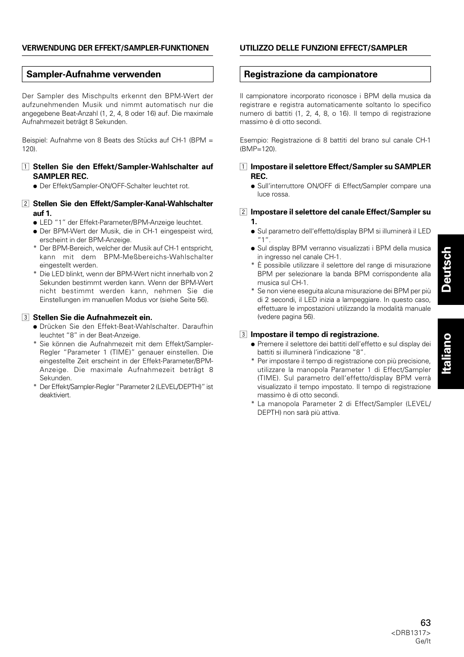 Sampler-aufnahme verwenden, Registrazione da campionatore, Deutsch italiano | Pioneer DJM-600 User Manual | Page 63 / 112