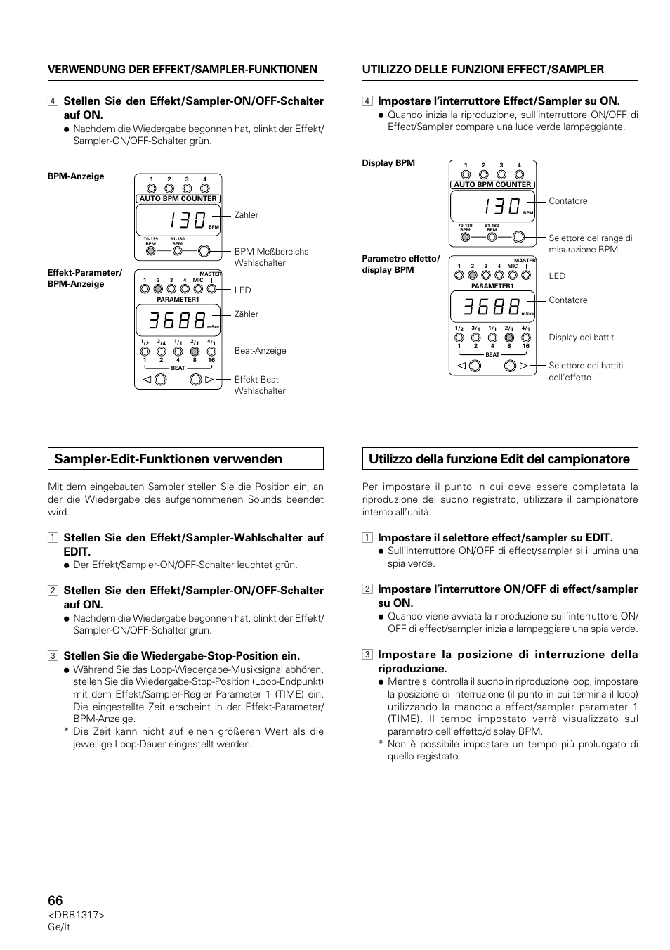 Sampler-edit-funktionen verwenden, Utilizzo della funzione edit del campionatore, 4 impostare l‘interruttore effect/sampler su on | 3 stellen sie die wiedergabe-stop-position ein, 1 impostare il selettore effect/sampler su edit | Pioneer DJM-600 User Manual | Page 66 / 112