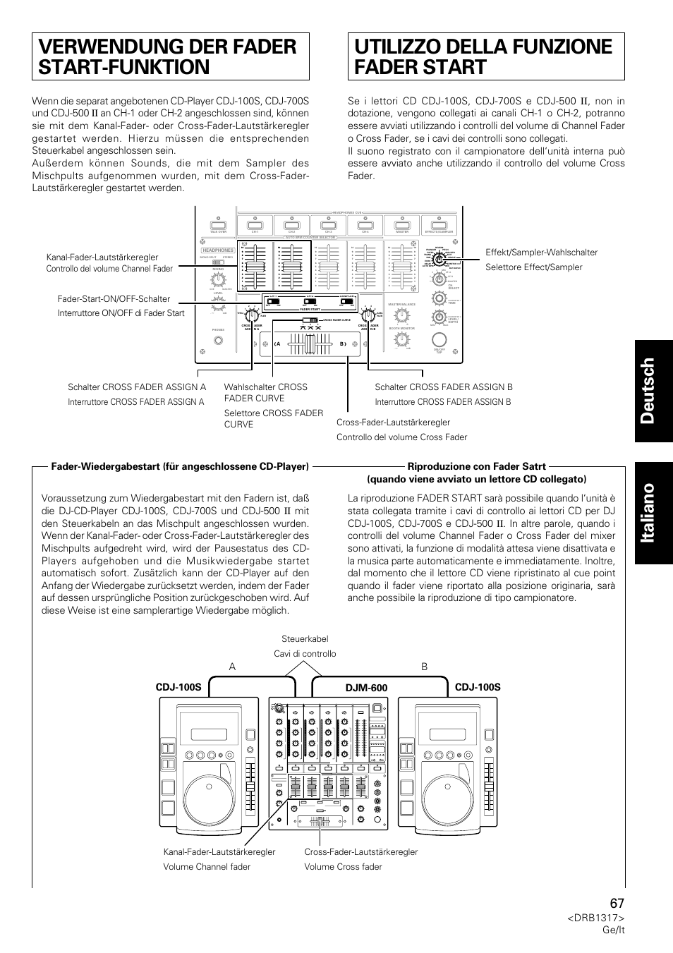 Verwendung der fader start-funktion, Utilizzo della funzione fader start, Deutsch italiano | Drb1317> ge/it, Steuerkabel cavi di controllo | Pioneer DJM-600 User Manual | Page 67 / 112