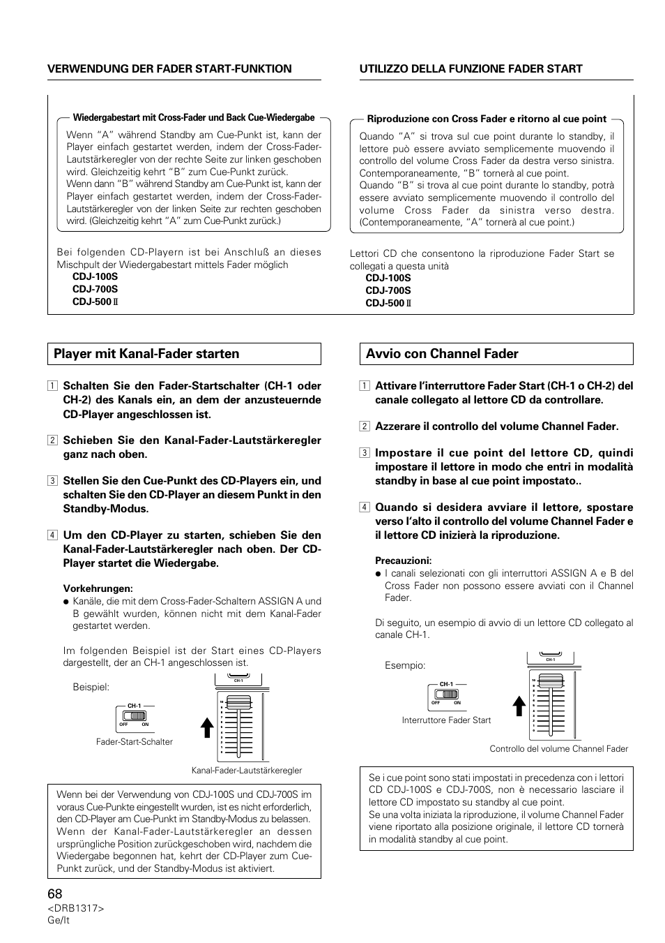 Player mit kanal-fader starten, Avvio con channel fader | Pioneer DJM-600 User Manual | Page 68 / 112