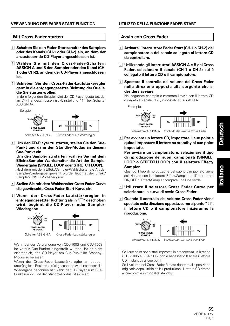 Mit cross-fader starten, Avvio con cross fader, Deutsch italiano | Pioneer DJM-600 User Manual | Page 69 / 112