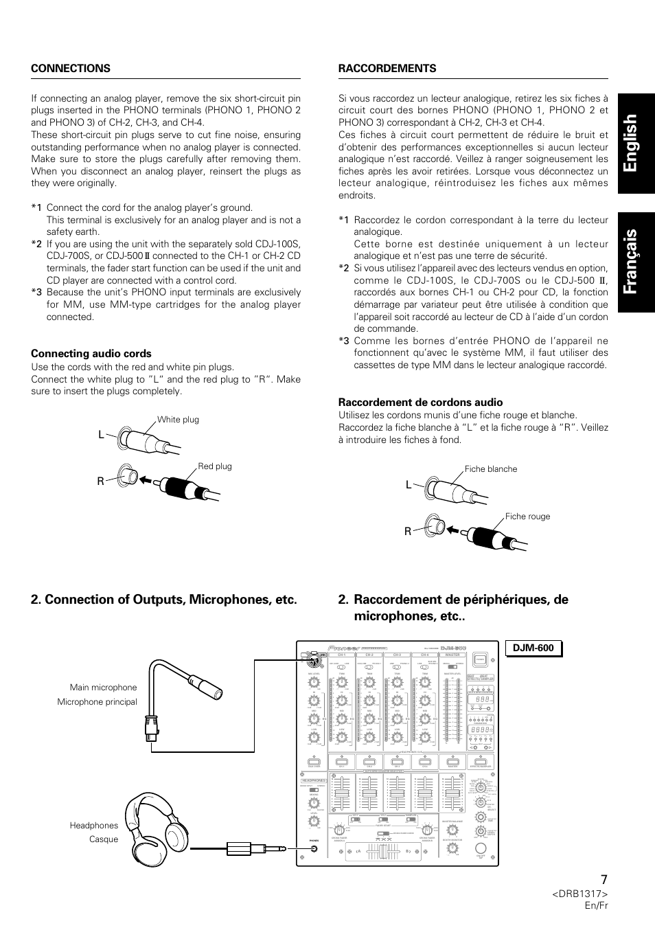 English fran ç ais, Connection of outputs, microphones, etc, Raccordement de périphériques, de microphones, etc | Connections, Connecting audio cords, Raccordement de cordons audio, Raccordements, Drb1317> en/fr, Parameter 1, Parameter 2 | Pioneer DJM-600 User Manual | Page 7 / 112