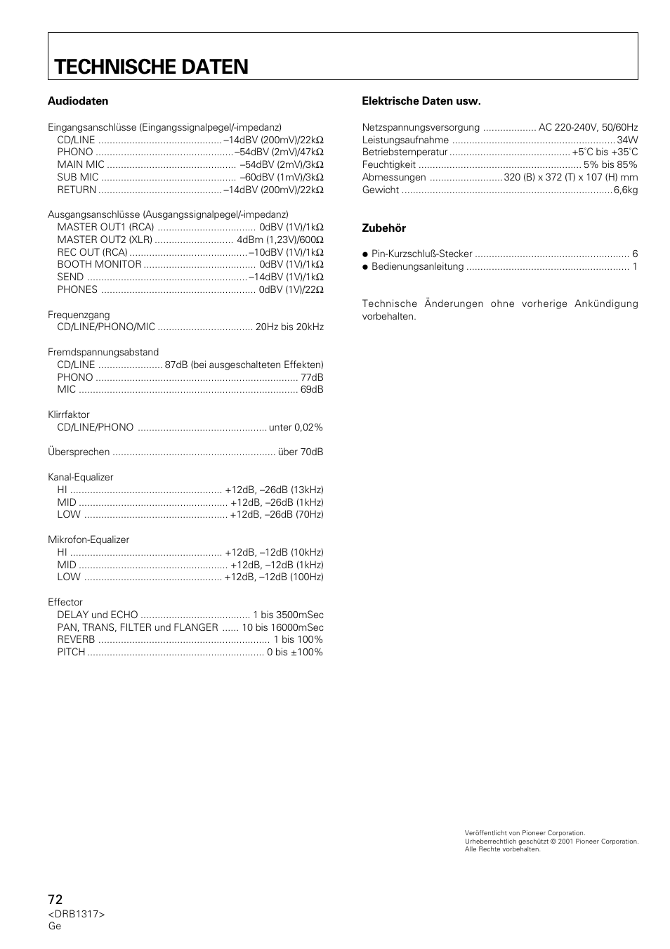 Technische daten | Pioneer DJM-600 User Manual | Page 72 / 112