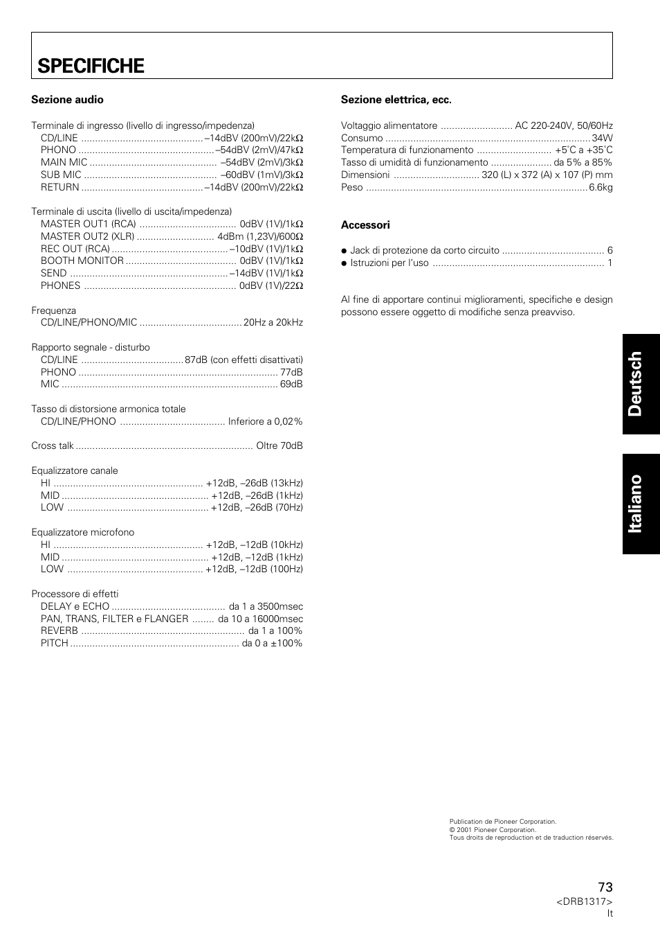 Specifiche, Deutsch italiano | Pioneer DJM-600 User Manual | Page 73 / 112
