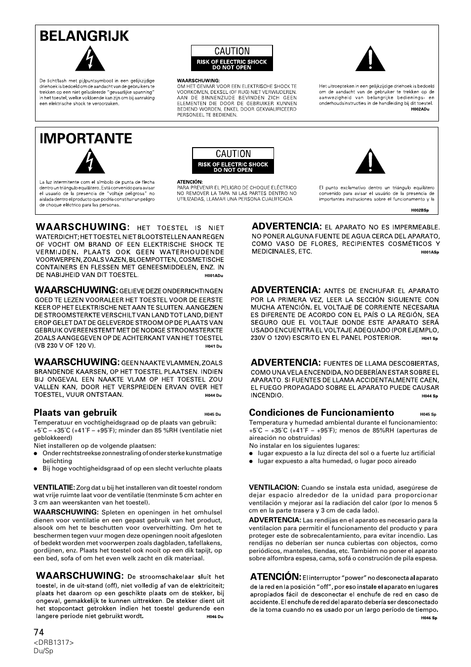 Plaats van gebruik, Condiciones de funcionamiento | Pioneer DJM-600 User Manual | Page 74 / 112