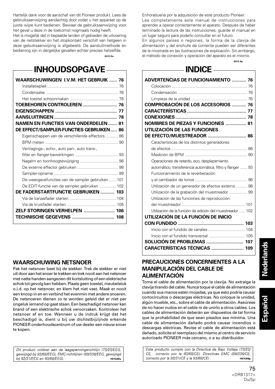 Inhoudsopgave, Indice, Nederlands español | Waarschuwing netsnoer | Pioneer DJM-600 User Manual | Page 75 / 112