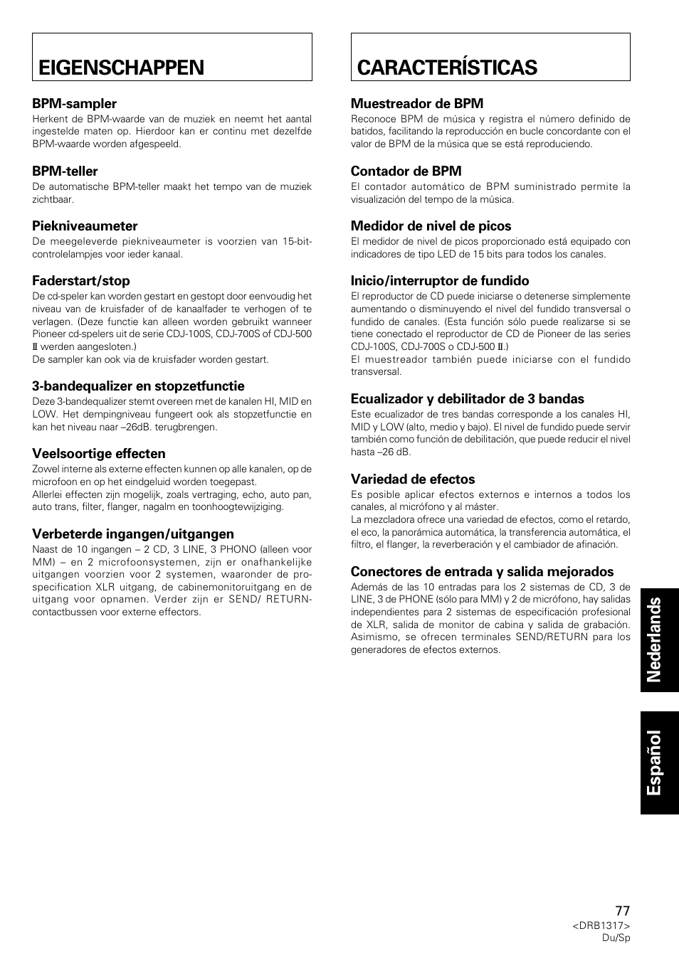 Eigenschappen, Características, Nederlands español | Pioneer DJM-600 User Manual | Page 77 / 112