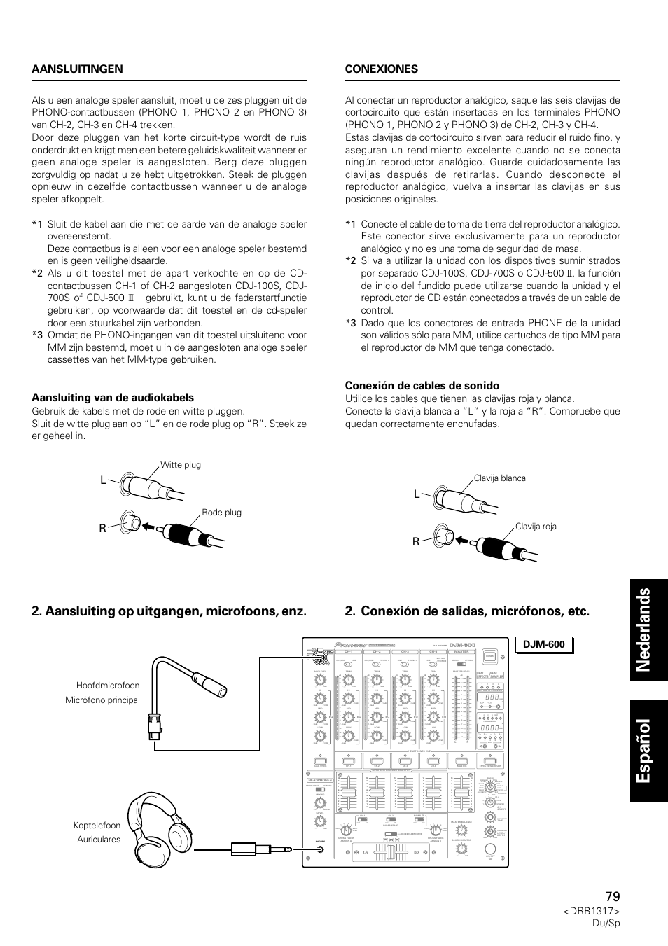 Nederlands espa ñ ol, Aansluiting op uitgangen, microfoons, enz, Conexión de salidas, micrófonos, etc | Aansluitingen, Aansluiting van de audiokabels, Conexión de cables de sonido, Conexiones, Drb1317> du/sp, Parameter 1, Parameter 2 | Pioneer DJM-600 User Manual | Page 79 / 112