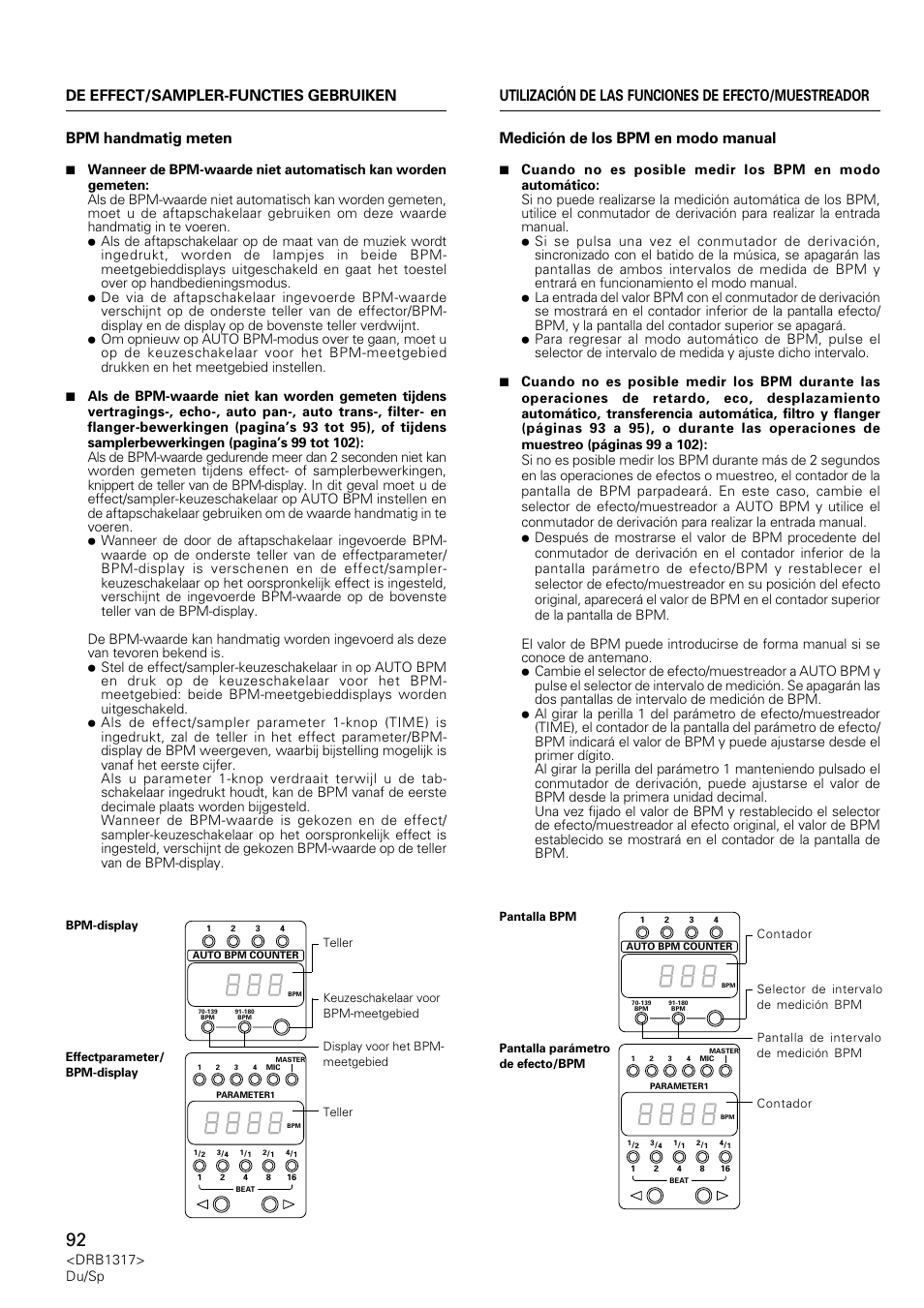 Bpm handmatig meten, Medición de los bpm en modo manual, Drb1317> du/sp | Pioneer DJM-600 User Manual | Page 92 / 112