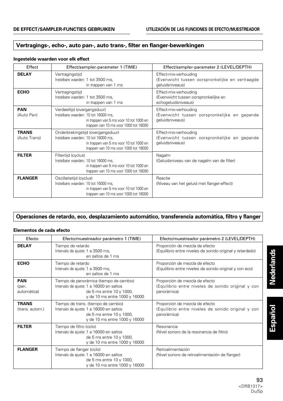 Vertragings-, echo-, auto pan-, auto trans, Filter en flanger-bewerkingen, Operaciones de retardo, eco, desplazamiento | Nederlands espa ñ ol | Pioneer DJM-600 User Manual | Page 93 / 112