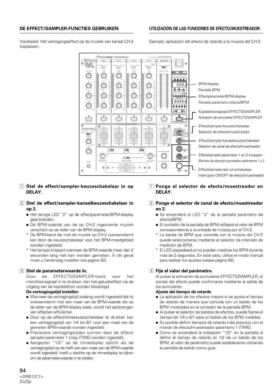 3 stel de parameterwaarde in, 3 fije el valor del parámetro, Drb1317> du/sp | Pioneer DJM-600 User Manual | Page 94 / 112