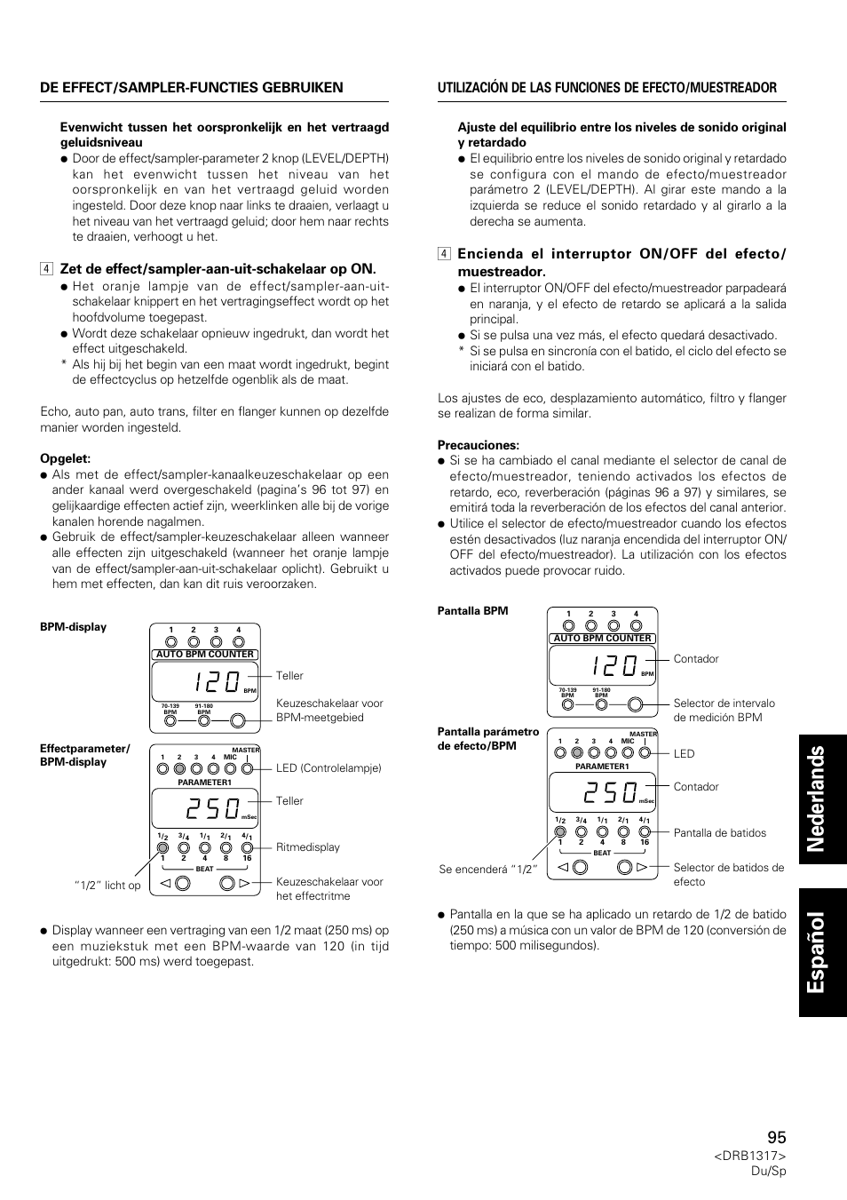 Nederlands espa ñ ol, 4 zet de effect/sampler-aan-uit-schakelaar op on | Pioneer DJM-600 User Manual | Page 95 / 112