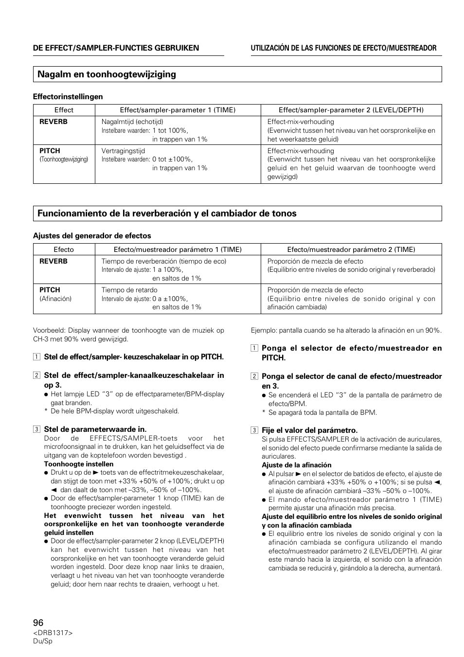 Nagalm en toonhoogtewijziging, Funcionamiento de la reverberación, Y el cambiador de tonos | Pioneer DJM-600 User Manual | Page 96 / 112