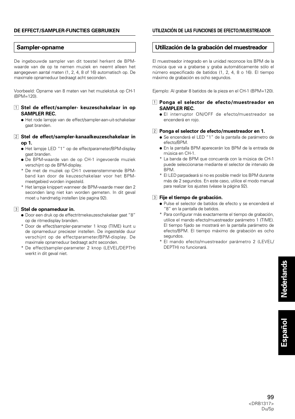 Sampler-opname, Utilización de la grabación del muestreador, Nederlands espa ñ ol | Pioneer DJM-600 User Manual | Page 99 / 112