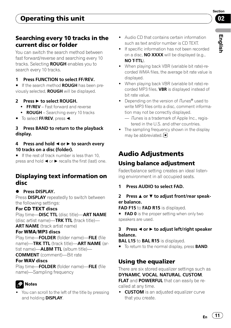 Searching every 10 tracks in the current, Disc or folder, Displaying text information on disc 11 | Audio adjustments, Using balance adjustment 11, Using the equalizer 11, Operating this unit, Displaying text information on disc, Using balance adjustment, Using the equalizer | Pioneer DEH-2020MP User Manual | Page 11 / 75