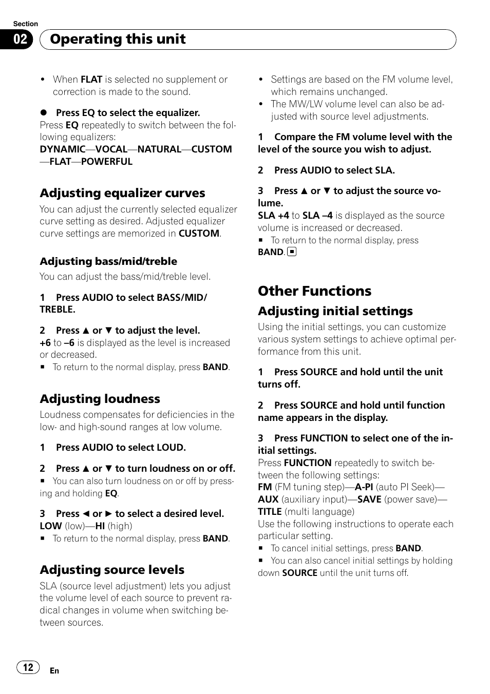 Adjusting equalizer curves 12, Adjusting loudness 12, Adjusting source levels 12 | Other functions, Adjusting initial settings 12, Operating this unit, Adjusting equalizer curves, Adjusting loudness, Adjusting source levels, Adjusting initial settings | Pioneer DEH-2020MP User Manual | Page 12 / 75