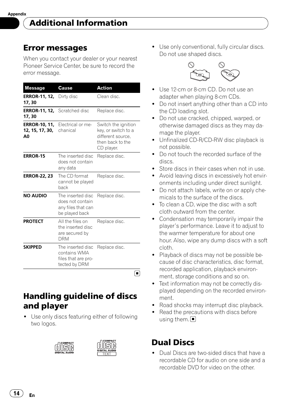 Additional information error messages, Handling guideline of discs and player, Dual discs | Error messages, Additional information | Pioneer DEH-2020MP User Manual | Page 14 / 75