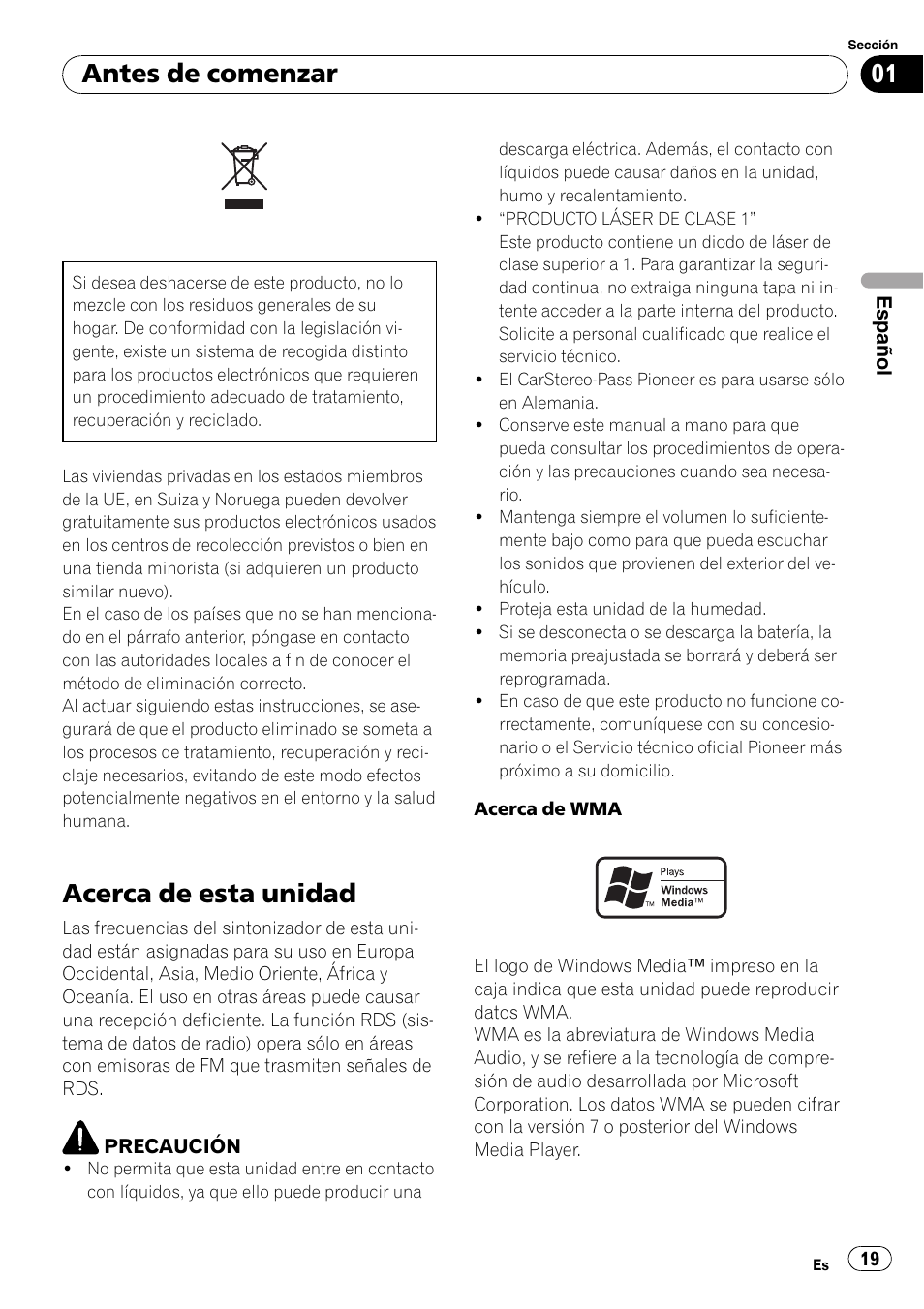 Antes de comenzar, Acerca de esta unidad | Pioneer DEH-2020MP User Manual | Page 19 / 75