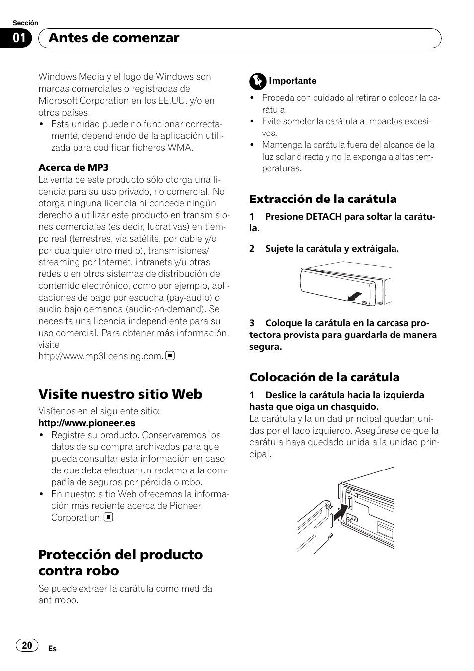 Visite nuestro sitio web, Protección del producto contra robo, Extracción de la carátula 20 | Colocación de la carátula 20, Antes de comenzar | Pioneer DEH-2020MP User Manual | Page 20 / 75