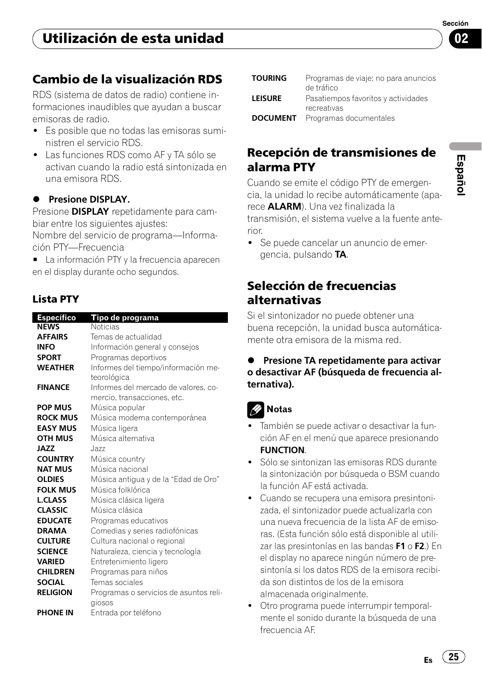 Cambio de la visualización rds 25, Recepción de transmisiones de alarma, Selección de frecuencias | Alternativas, Utilización de esta unidad, Cambio de la visualización rds, Recepción de transmisiones de alarma pty, Selección de frecuencias alternativas, Español | Pioneer DEH-2020MP User Manual | Page 25 / 75