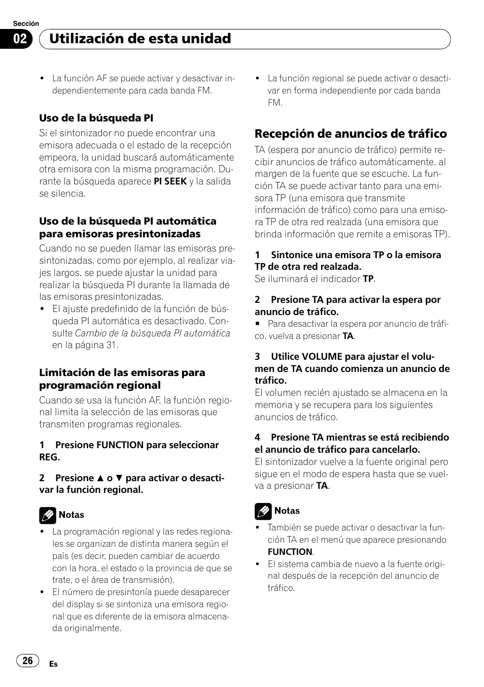 Recepción de anuncios de tráfico 26, Utilización de esta unidad, Recepción de anuncios de tráfico | Pioneer DEH-2020MP User Manual | Page 26 / 75