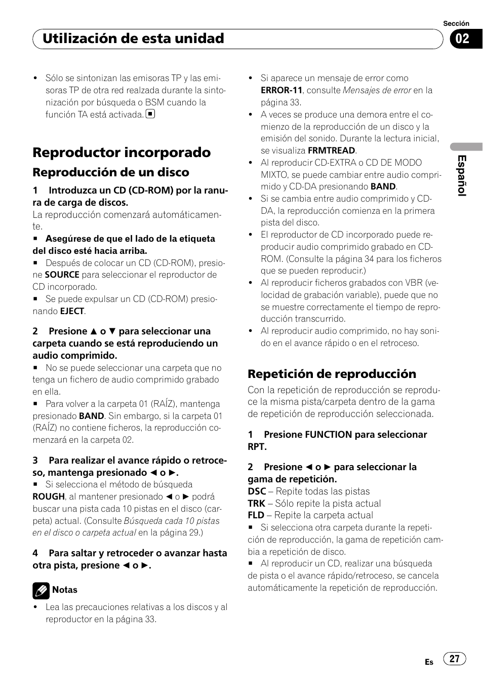 Reproductor incorporado, Reproducción de un disco 27, Repetición de reproducción 27 | Utilización de esta unidad, Reproducción de un disco, Repetición de reproducción | Pioneer DEH-2020MP User Manual | Page 27 / 75