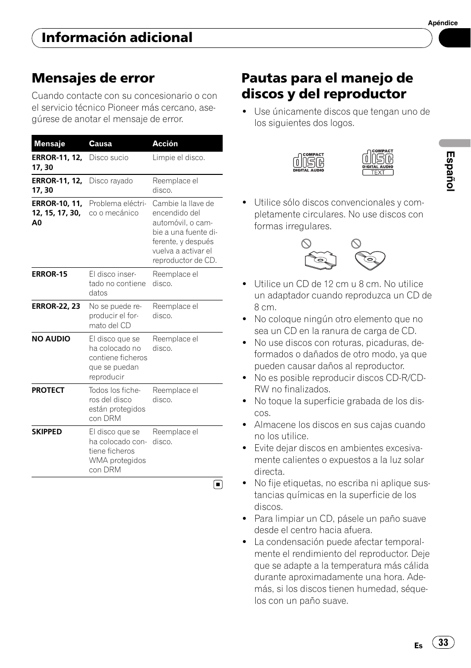 Información adicional mensajes de error, Pautas para el manejo de discos y del, Reproductor | Mensajes de error, Pautas para el manejo de discos y del reproductor, Información adicional, Español | Pioneer DEH-2020MP User Manual | Page 33 / 75